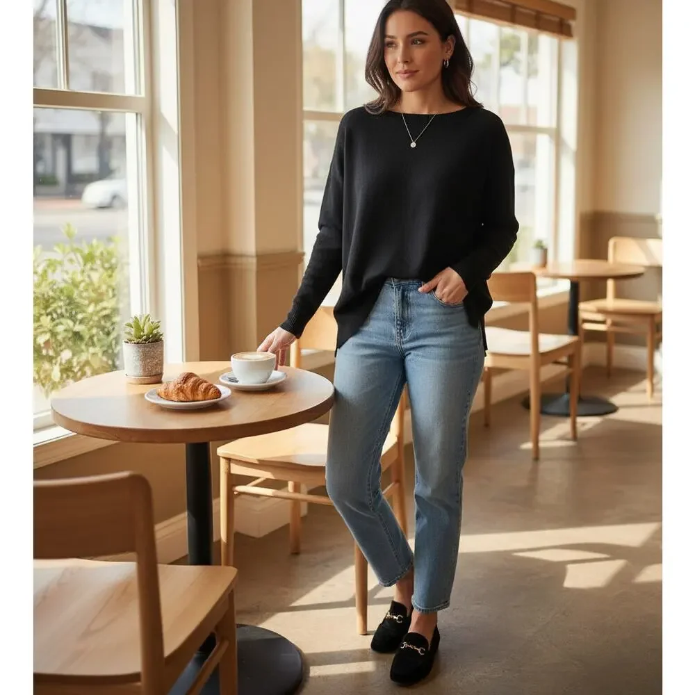 Eileen Fisher 100% Merino Wool Black Tunic Sweater | Women's M | Italian Yarn